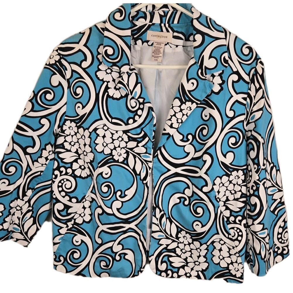 Covington Jacket Teal White Paisley Floral Colorblock 3/4 Sleeve XL COASTAL GRAN